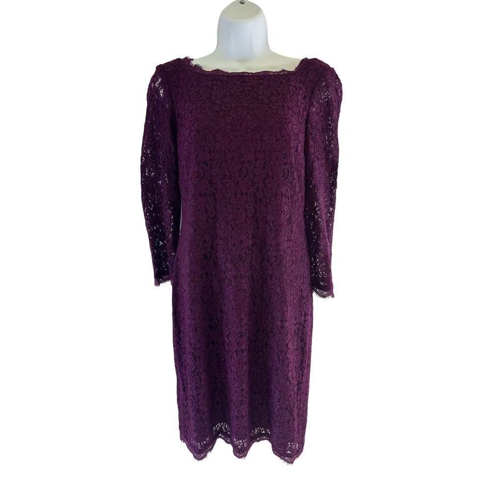 Adrianna Papell Long Sleeve Sheath Dress Purple Floral Lace Overlay Zip Womens 6